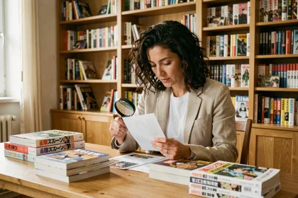 Femme examinant des bandes dessinées sur un bureau en bois dans une bibliothèque moderne, illustrant le respect des droits d'auteur dans l'édition numérique