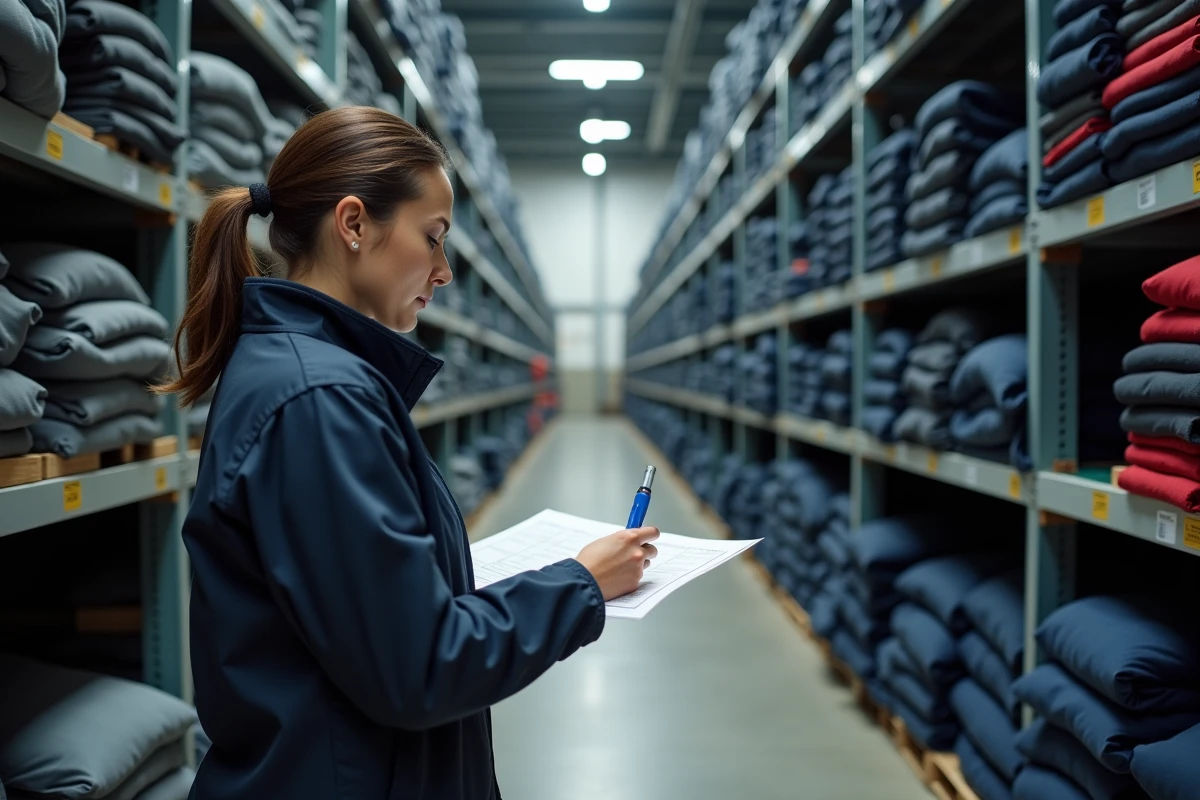 Responsable logistique vérifiant les dotations vestimentaires dans un entrepôt avant inspection