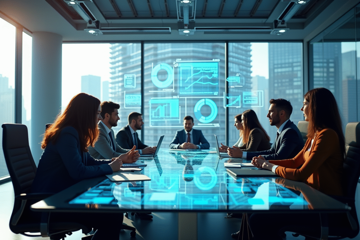 Salle de réunion moderne avec professionnels et tableaux holographiques