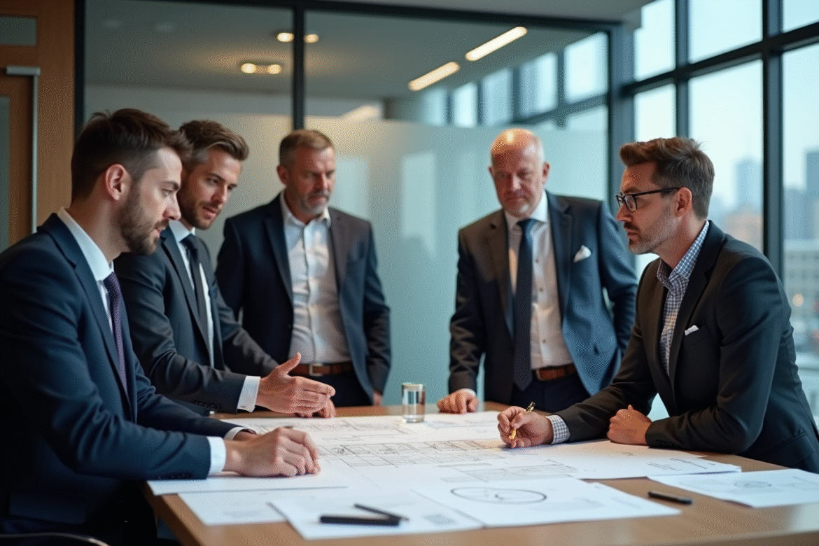 Groupe de professionnels en réunion immobiliere