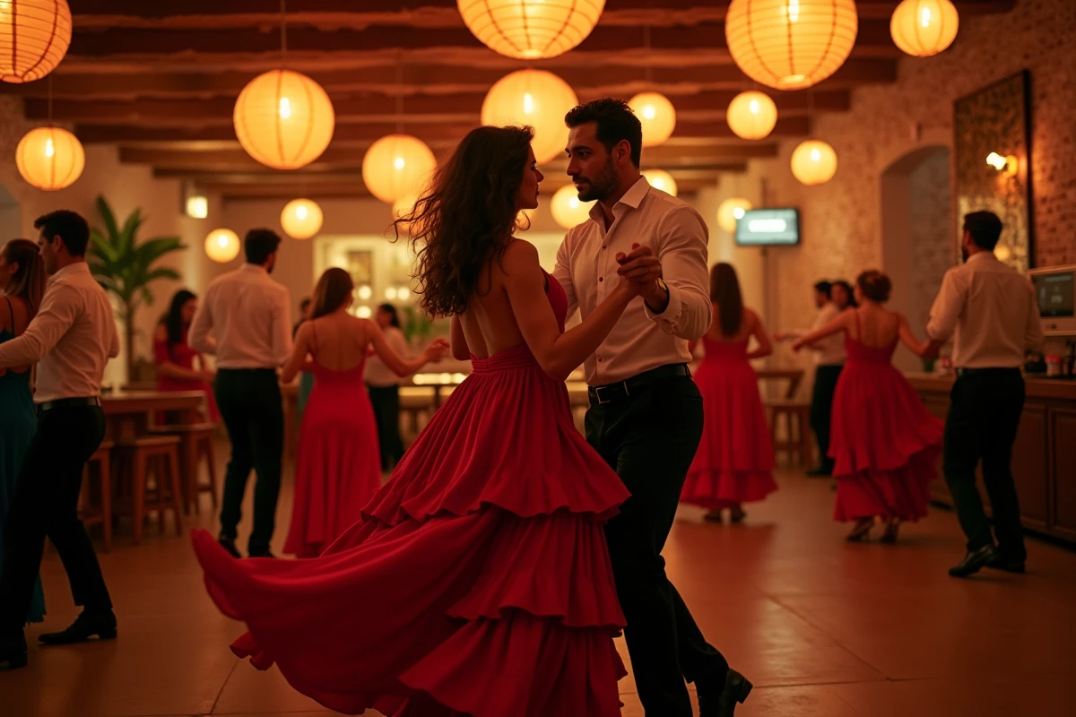 Couple dansant la salsa en tenues latines lors d'une soirée à thème dans une discothèque décorée de lanternes à Perpignan