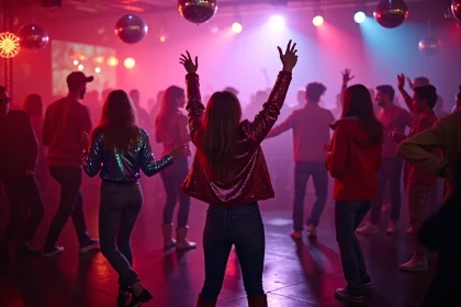 Groupe d'adultes en tenues années 80 dansant sur le dancefloor d'une discothèque à Perpignan lors d'une soirée à thème