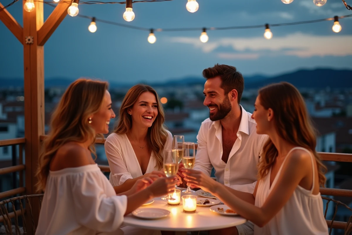 Groupe d'amis en tenues blanches lors d'une soirée white party sur un rooftop avec vue sur les toits de Perpignan