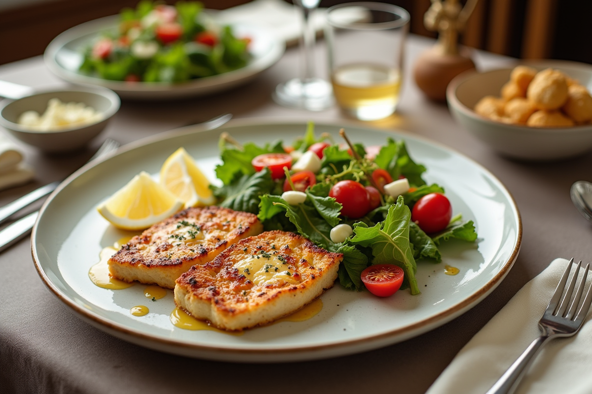 Table élégante avec cordon bleu salade et quartiers de citron