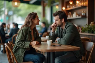 Deux amis dans un café, l'un trahissant la confiance de l'autre en chuchotant des secrets à un tiers