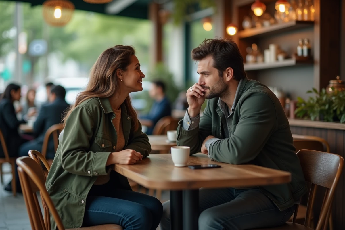 Deux amis dans un café, l'un trahissant la confiance de l'autre en chuchotant des secrets à un tiers