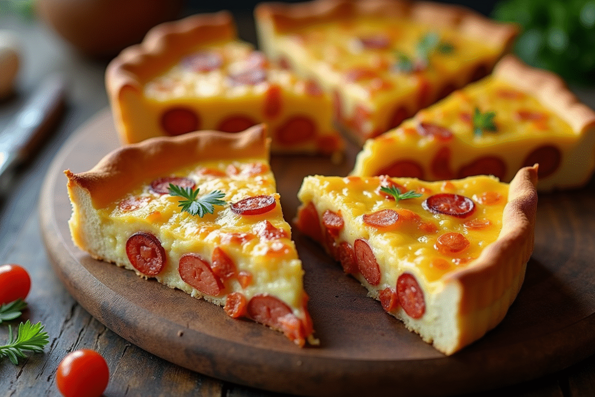 Tranches de quiche au chorizo sur table rustique