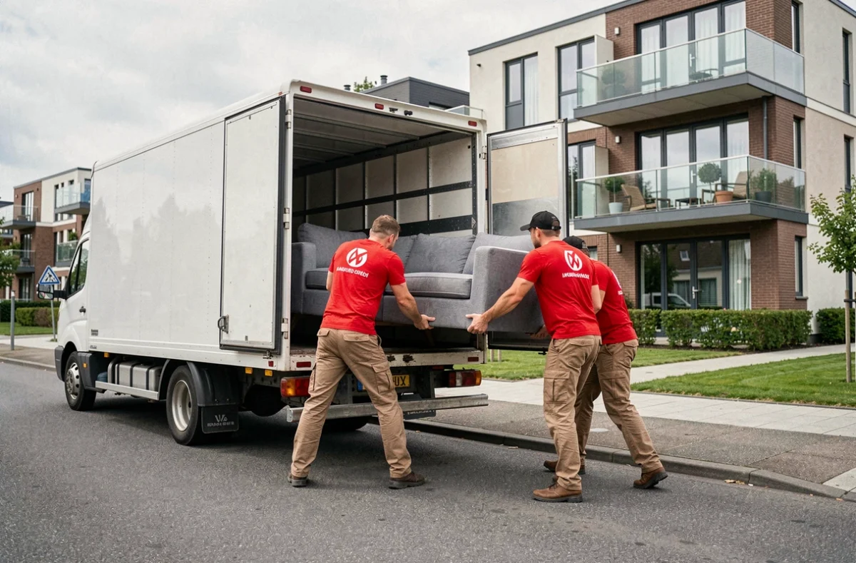 Équipe Transim déménagement soulevant un canapé vers un camion devant une résidence moderne de Lille