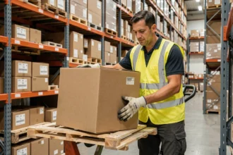 Employé logistique chargeant un gros colis sur un transpalette dans un entrepôt de distribution