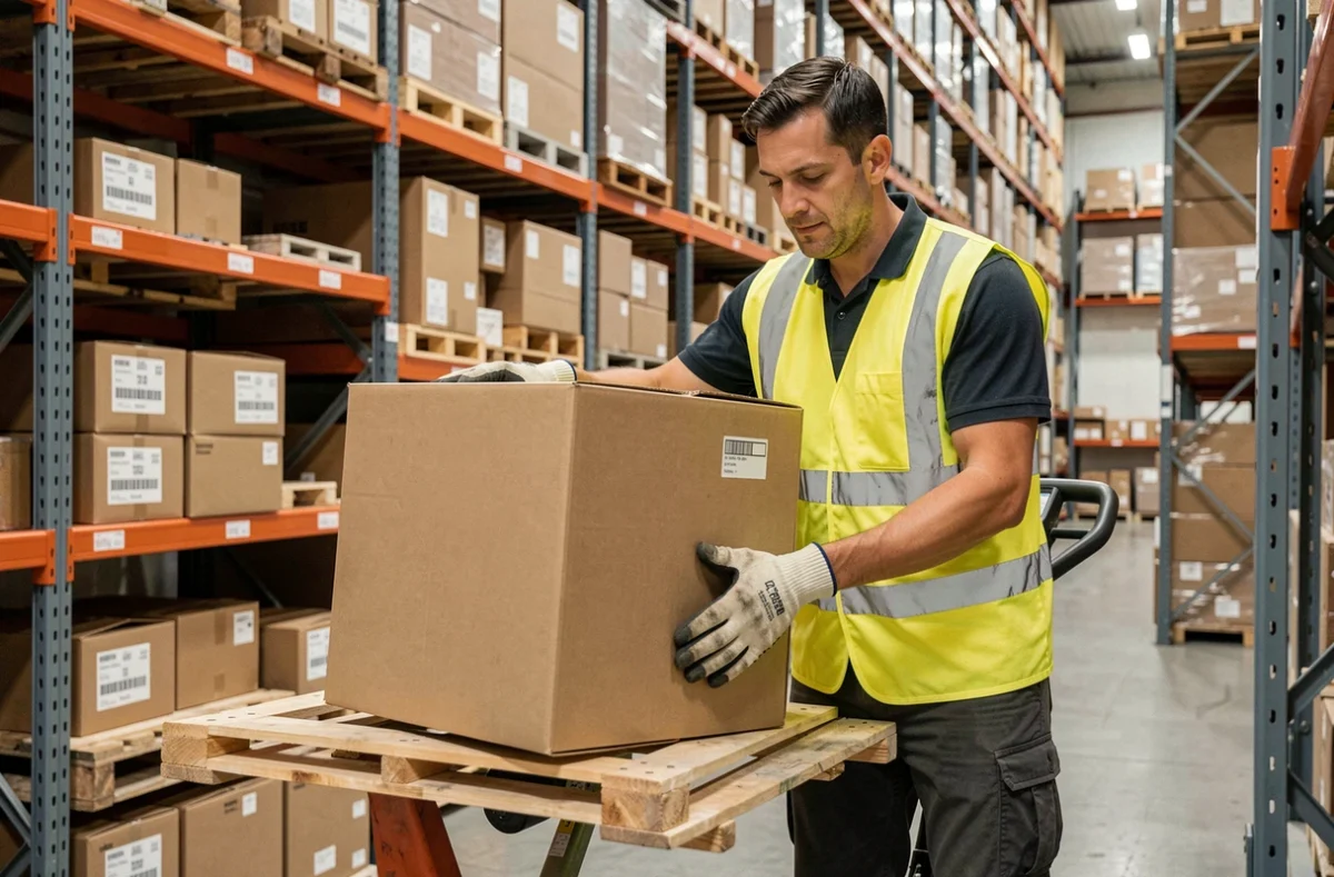 Employé logistique chargeant un gros colis sur un transpalette dans un entrepôt de distribution