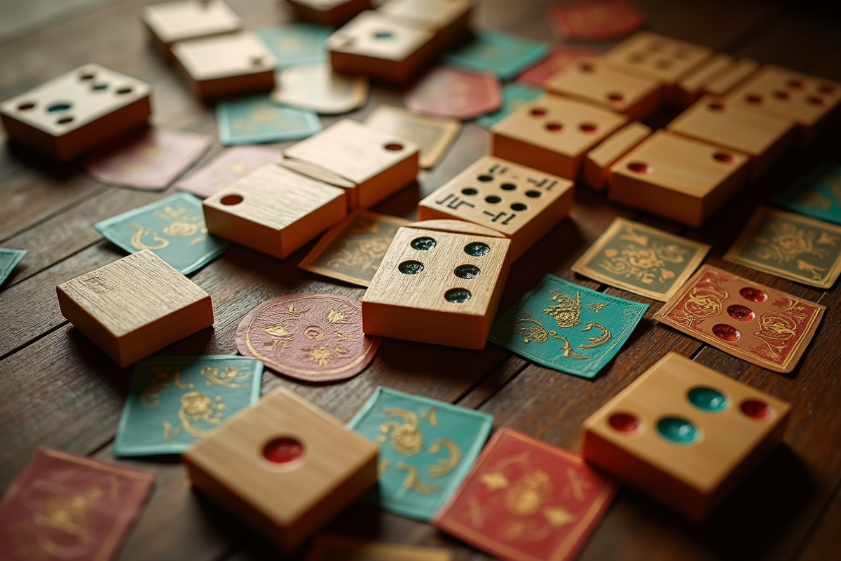 Tuiles de rummikub sur un plateau en bois avec règles variées