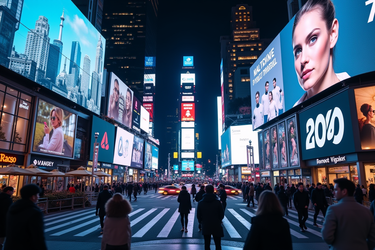 Rue urbaine la nuit avec publicites digitales et personnes utilisant des smartphones