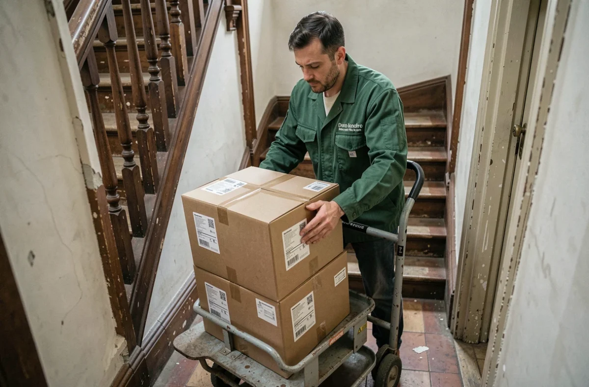 Déménageur Voreux Lauwers manœuvrant un chariot de cartons dans l'escalier d'un immeuble lillois