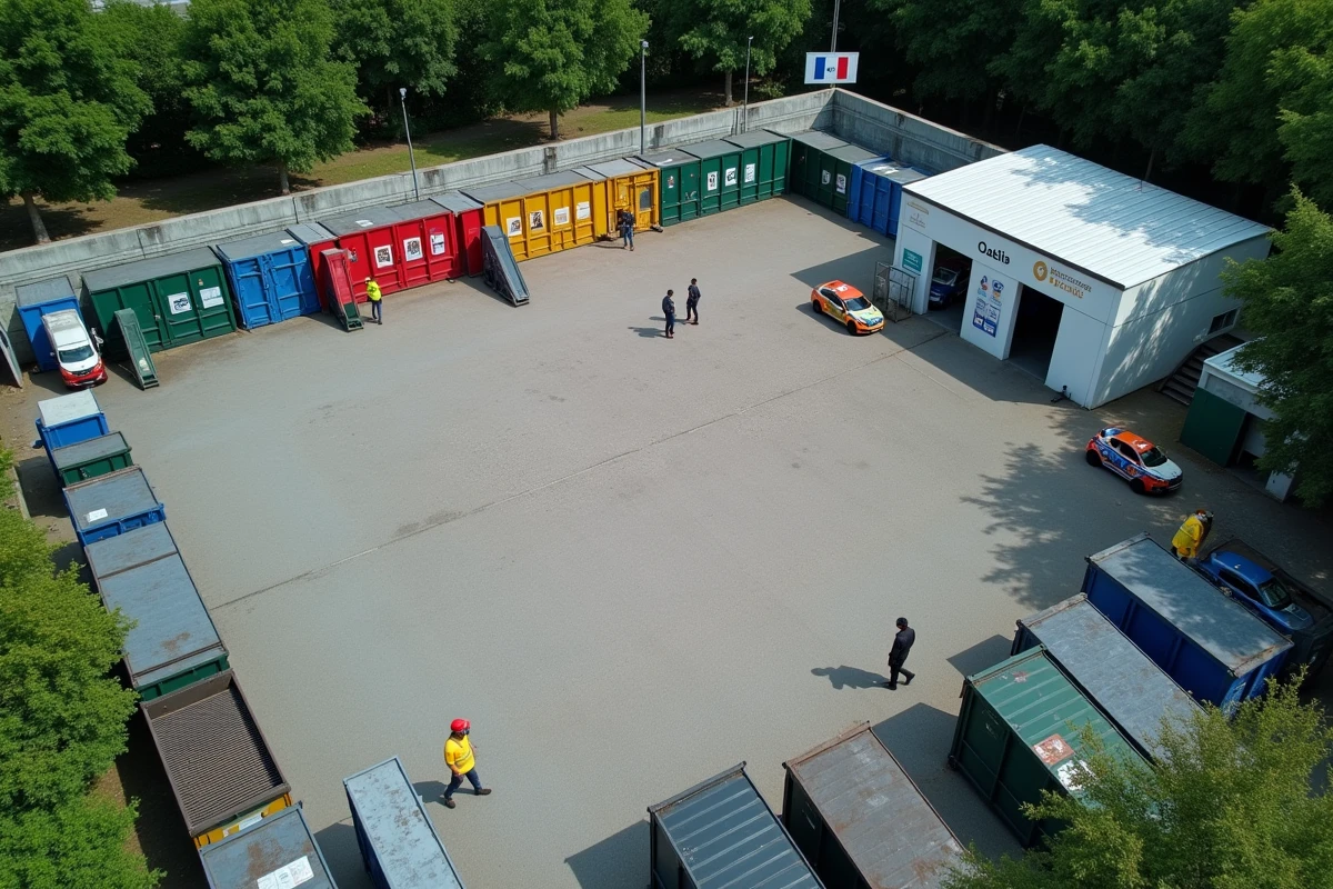 Vue aérienne d'un centre de tri et de déchetterie moderne en France avec zones organisées par type de déchets